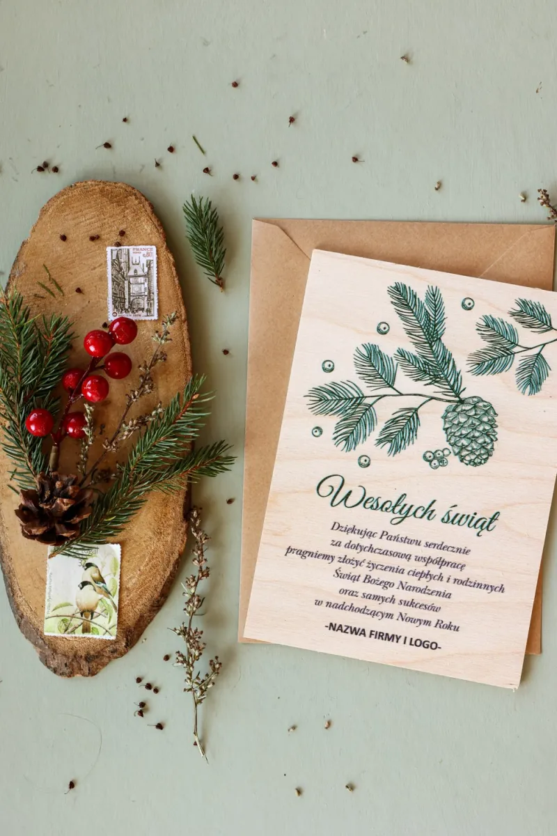 Personalizowane drewniane kartki dla firm z grafiką zielonych gałązek - Kolekcja DR44 Personalizowane drewniane kartki dla firm z grafiką zielonych gałązek - Kolekcja DR44