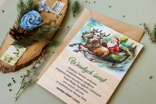 Drewniane Kartki z Grafiką Świętego Mikołaja w Saniach | Kartki Bożonarodzeniowe dla Firm z Logo | Kolekcja DR49 Drewniane Kartki z Grafiką Świętego Mikołaja w Saniach | Kartki Bożonarodzeniowe dla Firm z Logo | Kolekcja DR49