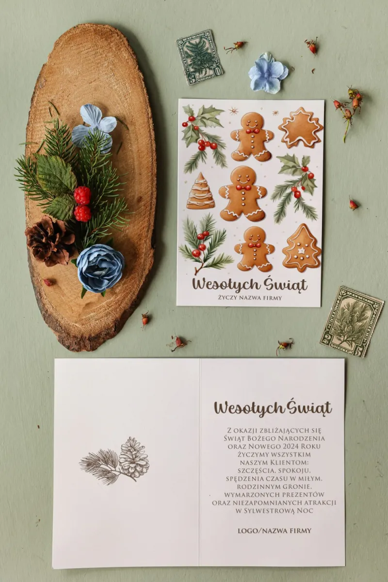 Piernikowe ludziki, choinki i gwiazdki - Kartki Świąteczne z logo dla firm Kolekcja MB1
