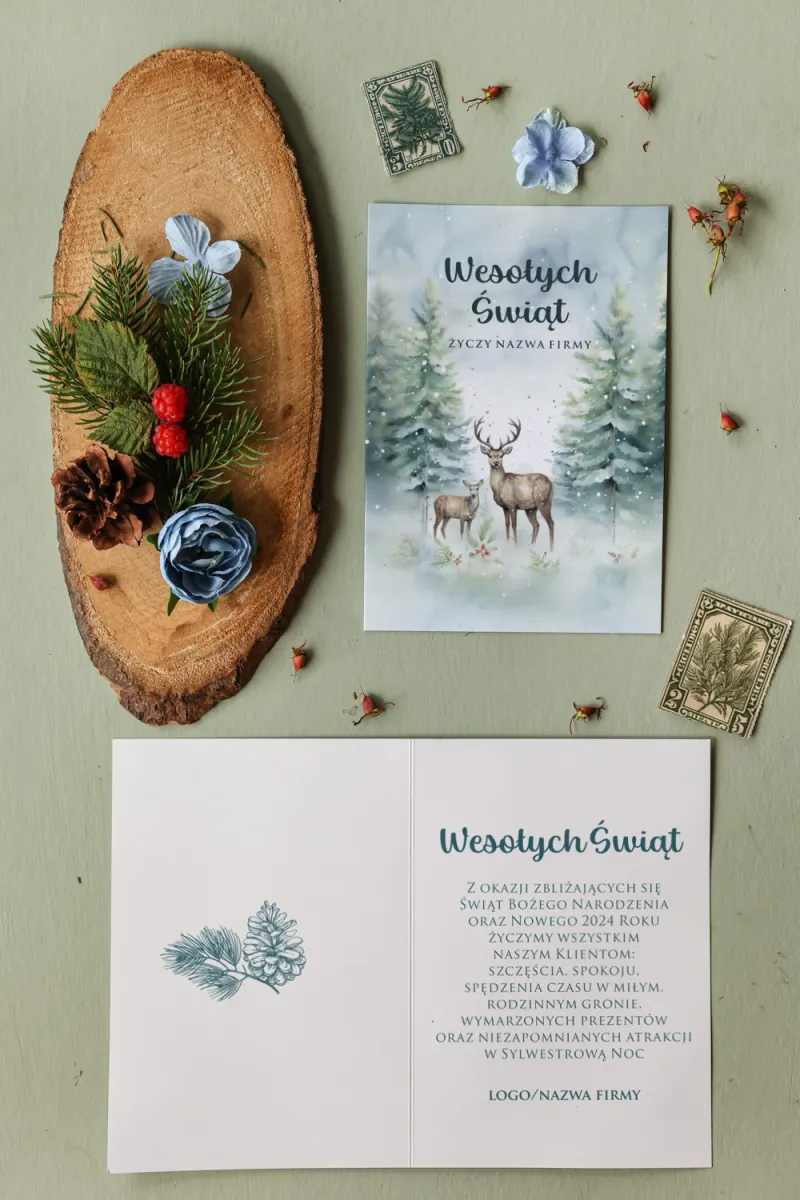 Pary jeleni w zimowym lesie - Kartki Świąteczne z logo na firm Kolekcja MB2