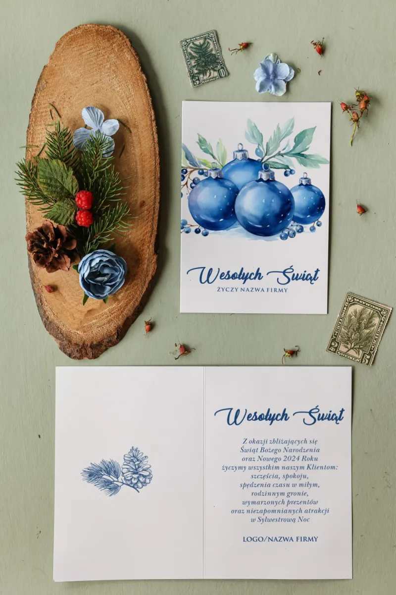 Niebieskie bombki na zielonej gałązce - Kartki Świąteczne Kolekcja MB5 Niebieskie bombki na zielonej gałązce - Kartki Świąteczne Kolekcja MB5