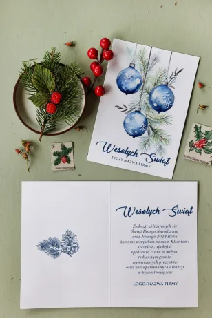 Niebieskie bombki na zielonej gałązce - Kartki Świąteczne Kolekcja MB7