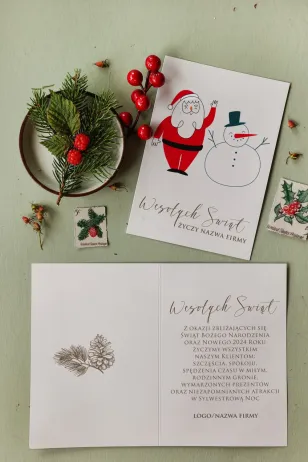 Grafika narysowanego Św. Mikołaja i Bałwana na kartce świątecznej z kolekcji MB11.