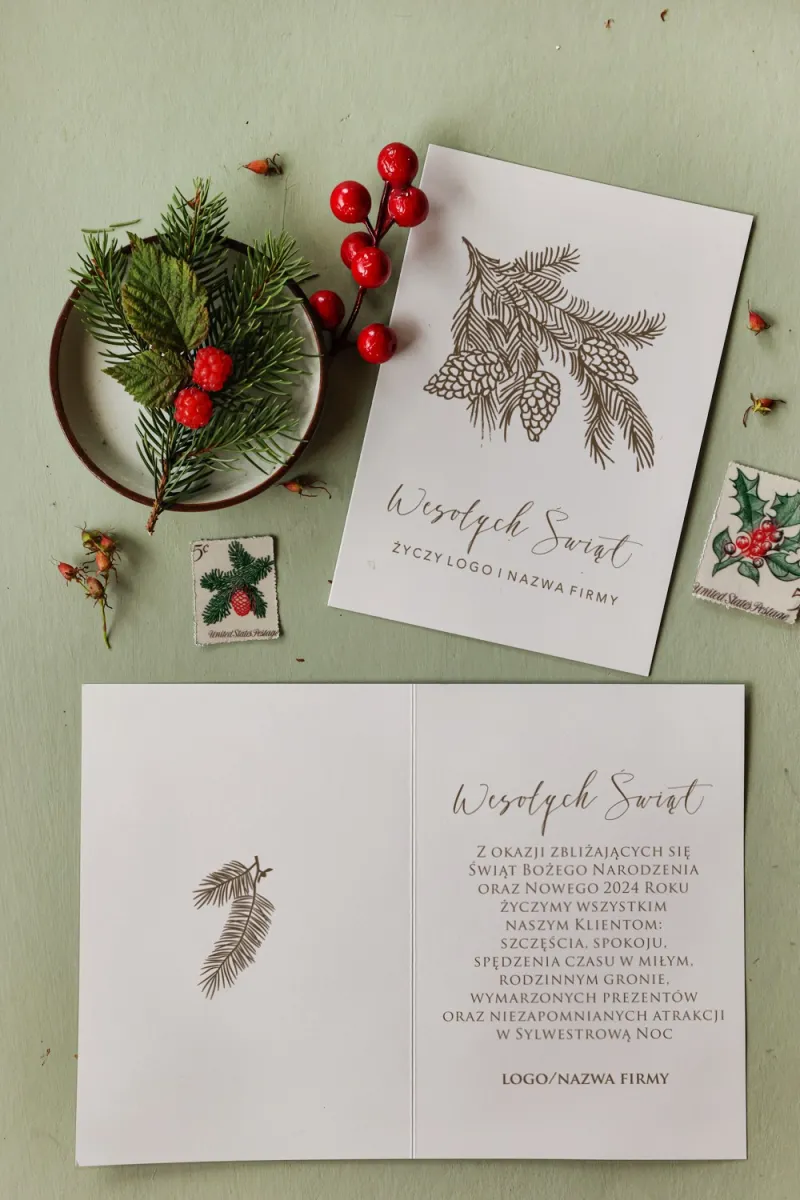 Brązowa grafika gałązki na kartce świątecznej dla firm z kolekcji MB13.