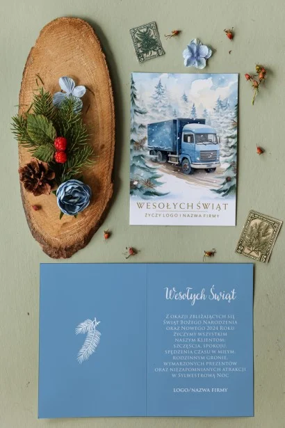 Kartka Świąteczna dla Firm z Ciężarówką i Krajobrazem Zimowym | Kartki Biznesowe z Możliwością Edycji | Kolekcja MZ16