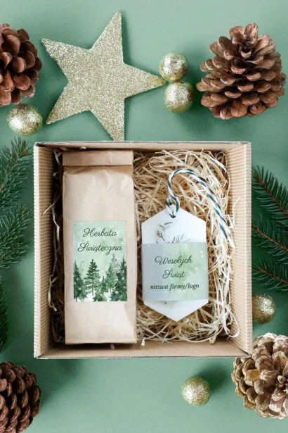 Naturalny firmowy box świąteczny z herbatą i zawieszką z wosku sojowego, z realistycznymi motywami świątecznymi