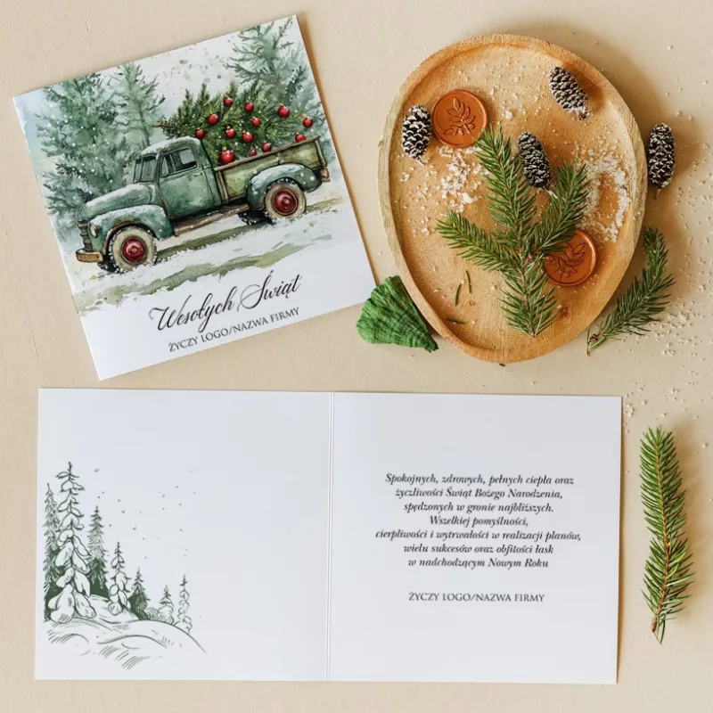 Personalizowana kartka świąteczna z zieloną ciężarówką i zimowym krajobrazem Personalizowana kartka świąteczna z zieloną ciężarówką i zimowym krajobrazem