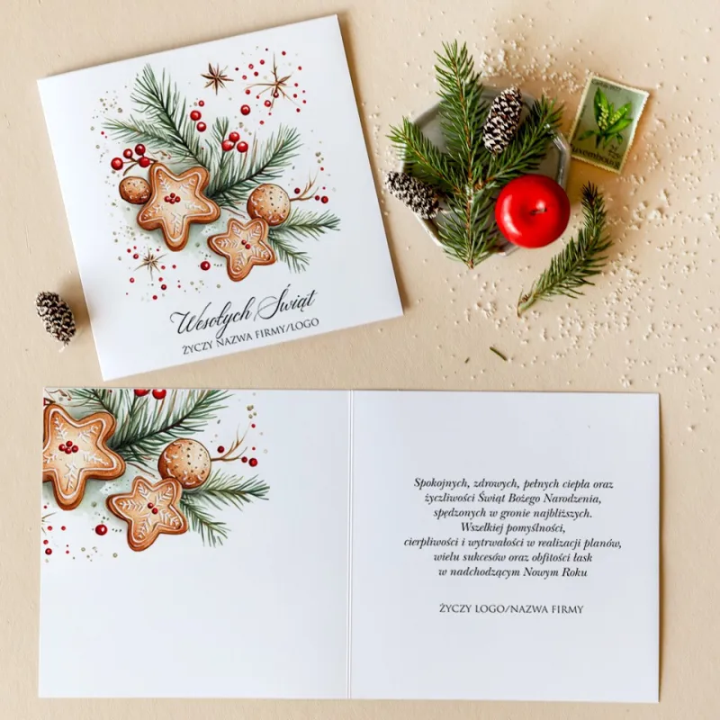 Kartka świąteczna z brązowymi piernikami w kształcie gwiazdek na zielonych gałązkach z czerwonymi jagodami Kartka świąteczna z brązowymi piernikami w kształcie gwiazdek na zielonych gałązkach z czerwonymi jagodami