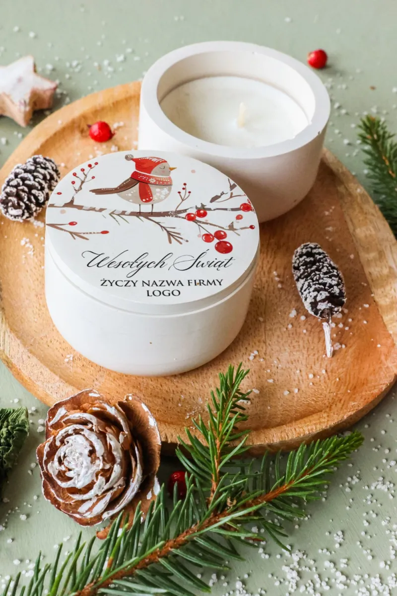 Ekologiczna świeca sojowa z nadrukiem zimowego ptaszka na wieczku Ekologiczna świeca sojowa z nadrukiem zimowego ptaszka na wieczku