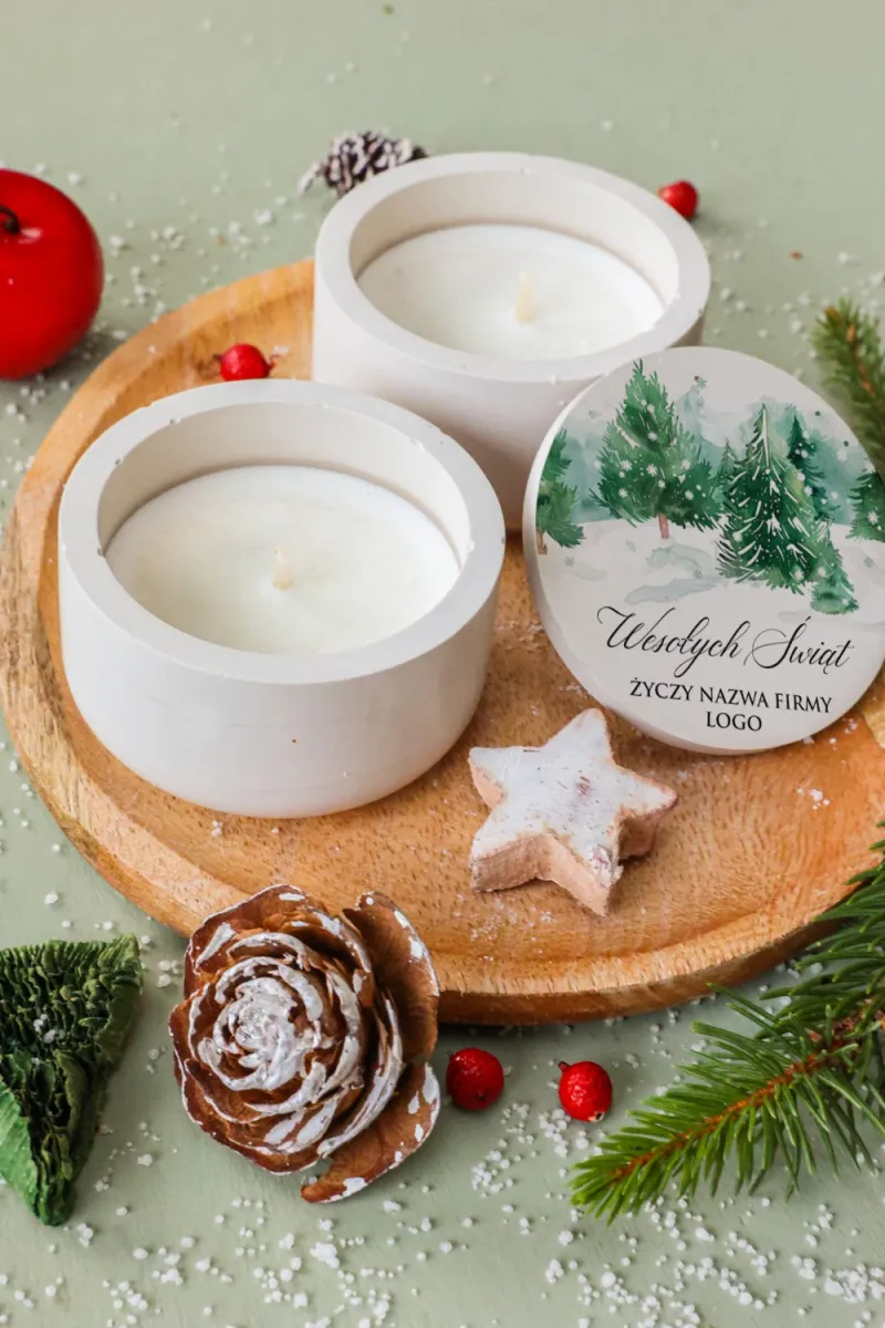 Naturalna świeca sojowa w pojemniku z gipsu polimerowego z nadrukiem zimowego lasu Naturalna świeca sojowa w pojemniku z gipsu polimerowego z nadrukiem zimowego lasu