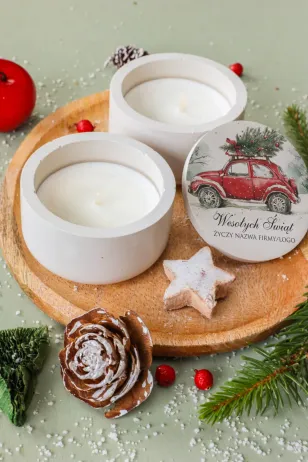 Naturalna świeca sojowa z retro motywem samochodu i choinki, z możliwością nadruku logo