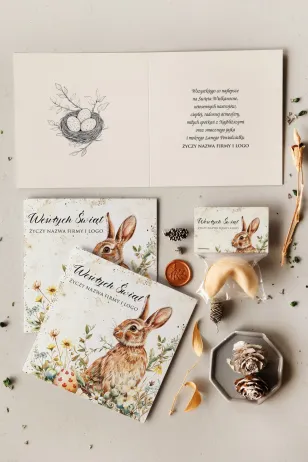 Beżowo-pastelowa firmowa kartka wielkanocna z malowanym króliczkiem i kwiatami