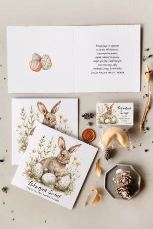 Firmowa kartka wielkanocna z akwarelowym królikiem w pastelowych odcieniach