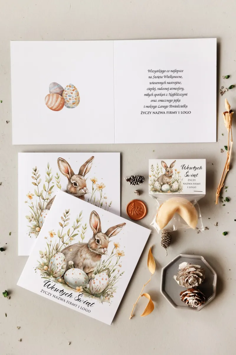 Firmowa kartka wielkanocna z akwarelowym królikiem w pastelowych odcieniach Firmowa kartka wielkanocna z akwarelowym królikiem w pastelowych odcieniach