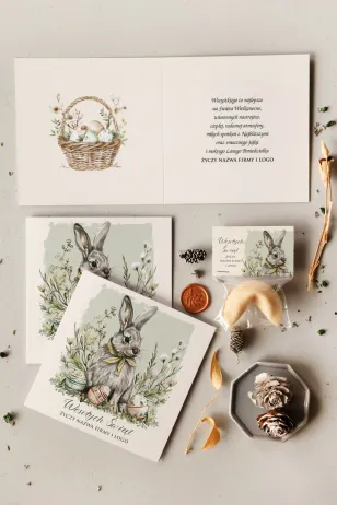 Pastelowo-miętowa kartka wielkanocna z realistycznym królikiem i wiosennymi gałązkami