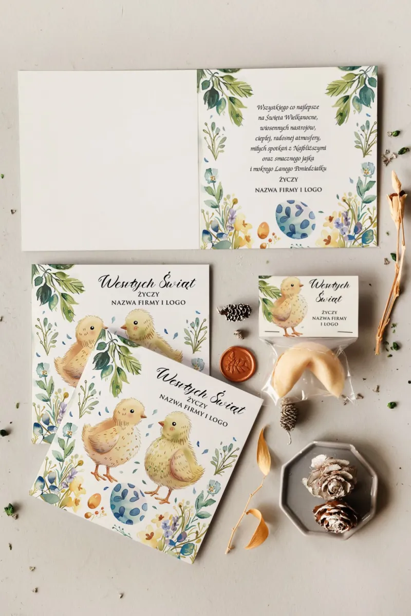 Biznesowa kartka wielkanocna w pastelowych kolorach z dwoma żółtymi kurczaczkami