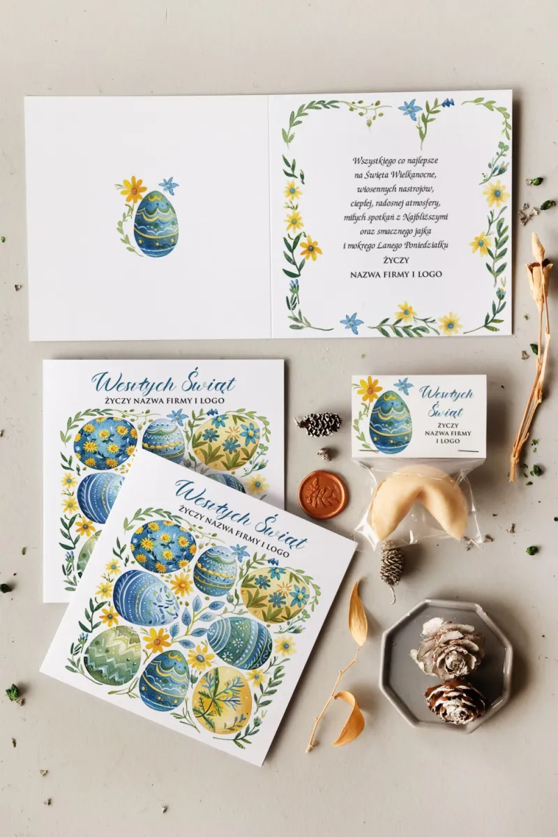 Wielkanocna kartka firmowa z kolorowymi pisankami i subtelnymi kwiatami