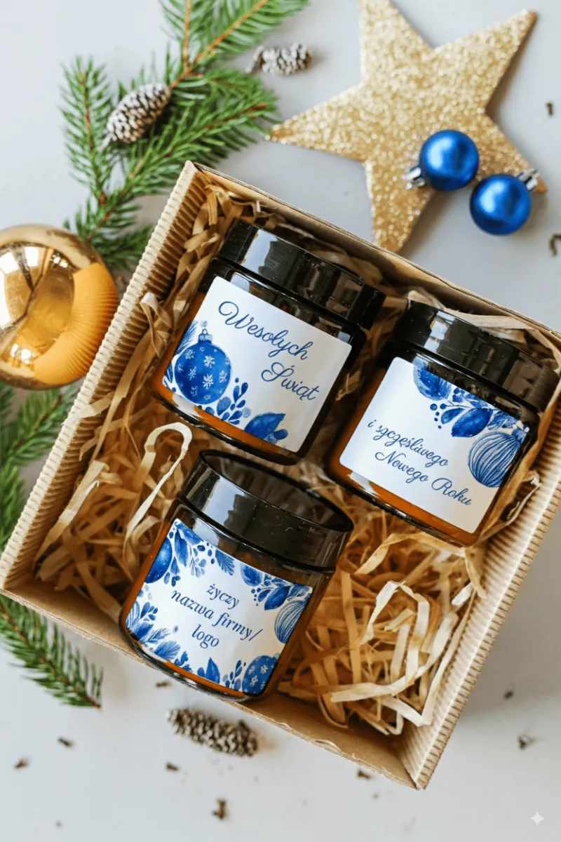 Biznesowy upominek na Boże Narodzenie: trzy świece w ciemnych słoikach z niebieską grafiką świąteczną i miejscem na logo firmy. Biznesowy upominek na Boże Narodzenie: trzy świece w ciemnych słoikach z niebieską grafiką świąteczną i miejscem na logo firmy.