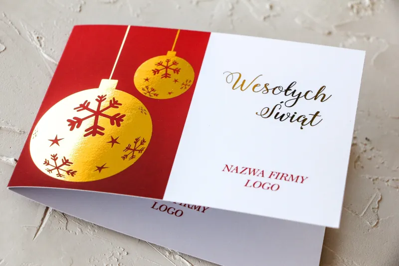 Czerwono-Biała Kartka z Złotą Bombką | Kartki Świąteczne dla Firm z Logo | RN1