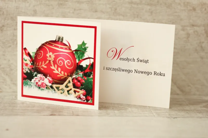 Kartka Świąteczna z Czerwoną Bombką | Kartki dla Firm z Logo | W1 Kartka Świąteczna z Czerwoną Bombką | Kartki dla Firm z Logo | W1