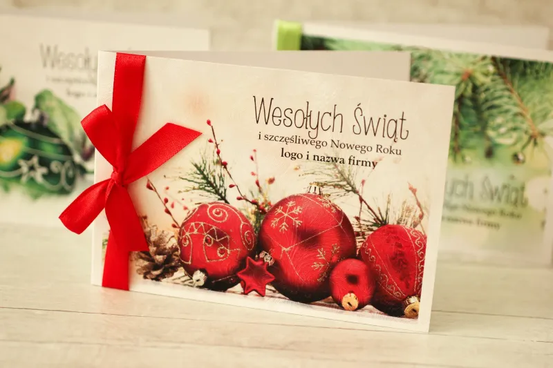 Kartka Świąteczna z Czerwonymi Bombkami | Personalizowane Kartki dla Firm | ZD1