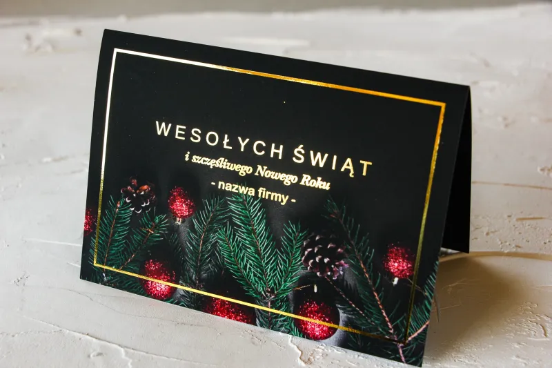 Czerwone Bombki, Złote Napisy | Kartki Bożonarodzeniowe dla Firm ZU2 Czerwone Bombki, Złote Napisy | Kartki Bożonarodzeniowe dla Firm ZU2