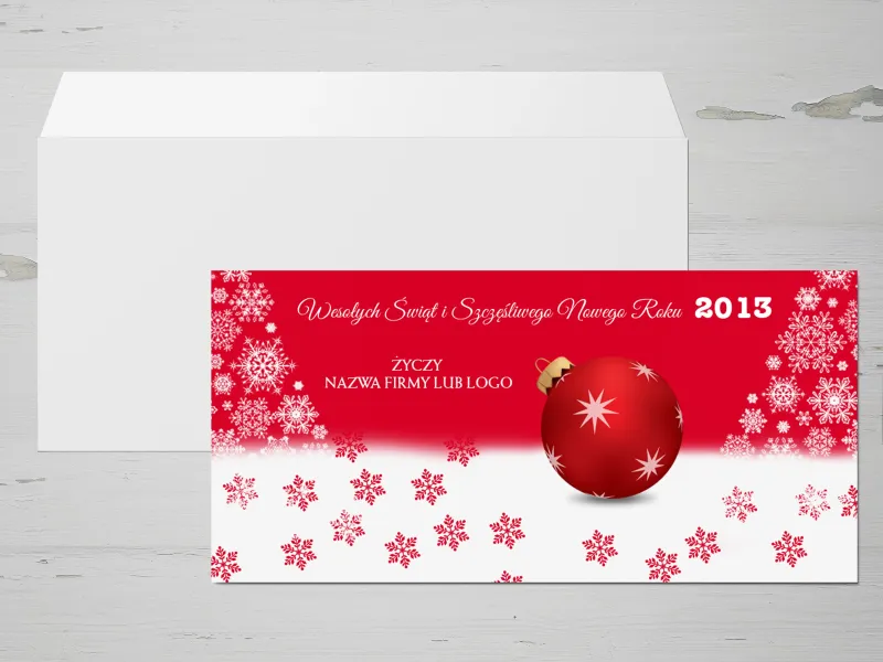 Kartki Czerwono-Białe z Bombką | Bożonarodzeniowe dla Firm z Logo | E1 Kartki Czerwono-Białe z Bombką | Bożonarodzeniowe dla Firm z Logo | E1