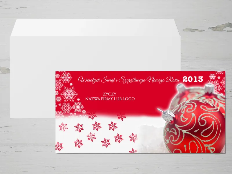 Czerwono-Białe Świąteczne Kartki dla Firm z Bombką i Logo | E4 Czerwono-Białe Świąteczne Kartki dla Firm z Bombką i Logo | E4