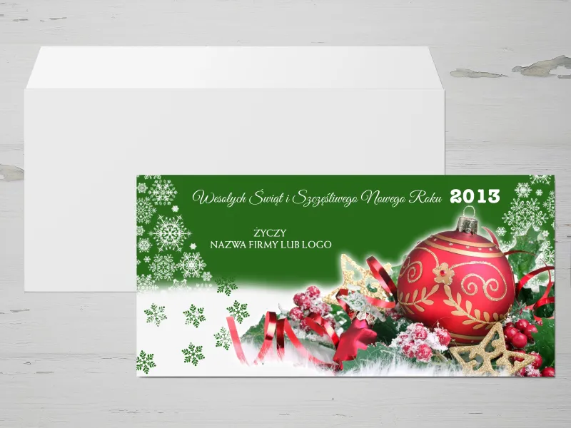 Zielone Tło i Czerwona Bombka - Kartki dla Firm z Logo | E5 Zielone Tło i Czerwona Bombka - Kartki dla Firm z Logo | E5