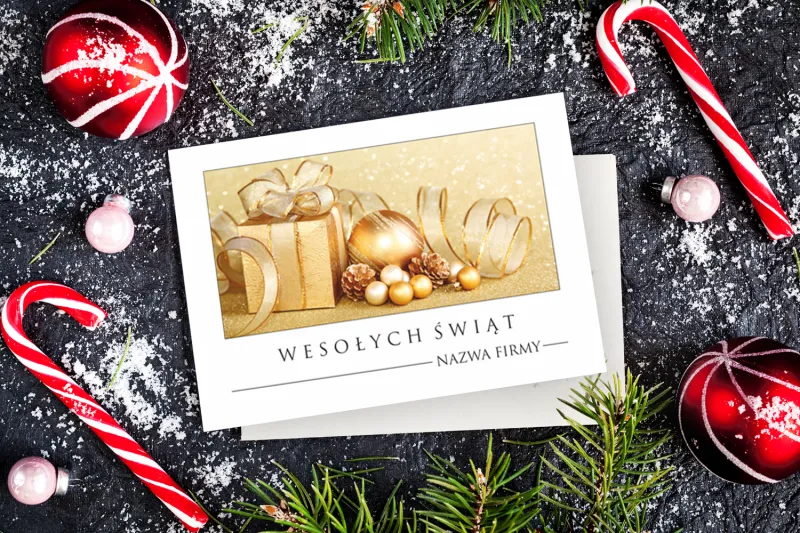 Złote Kartki Świąteczne z Prezentami i Bombkami | Kartki dla Firm z Logo | S25 Złote Kartki Świąteczne z Prezentami i Bombkami | Kartki dla Firm z Logo | S25