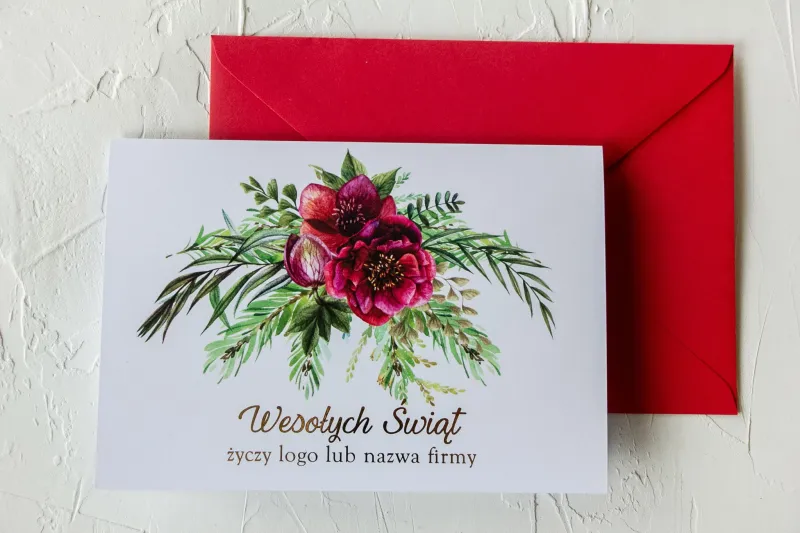 Personalizowane Kartki Bożonarodzeniowe dla Firm z Logo - CK1 z czerwonymi kwiatami Personalizowane Kartki Bożonarodzeniowe dla Firm z Logo - CK1 z czerwonymi kwiatami
