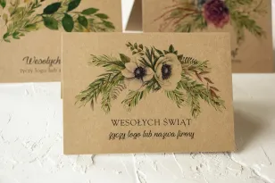 Eko kartka świąteczna z grafiką kwiatów i gałązek, dostosowywana dla firm z możliwością dodania logo i indywidualnych życzeń.