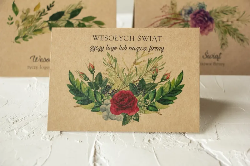 Ekologiczna kartka świąteczna z grafiką czerwonej róży personalizowana dla firm z dodaniem logo i indywidualnych życzeń.