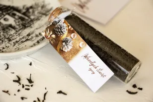 Buteleczki z herbatą jako firmowy upominek. Przywieszka z logo firmy oraz dowolną treścią i grafiką - Model H5