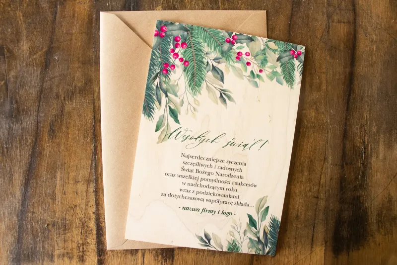 Drewniane Kartki Świąteczne z gałązkami i jarzębiną | Kartki Bożonarodzeniowe dla Firm | Kolekcja DR1